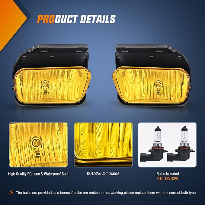 Nilight Fog Light Assembly Compatible with 2003 2004 2005 2006 2007 Chevy Silverado 1500 2500 3500 2002-2006 Avalanche w/o Body Cladding with H10 Halogen Bulbs Amber Lens