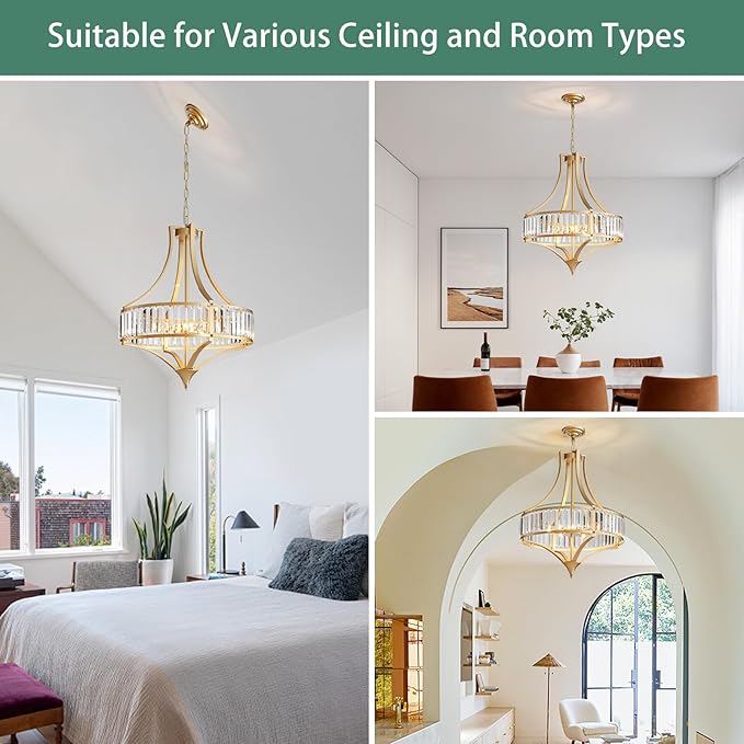 Modern Gold Crystal Chandelier, 6-Light Round Pendant Lighting Fixtures, 21.6" Height Adjustable Ceiling Light for Living Room, Kitchen, Dining Room