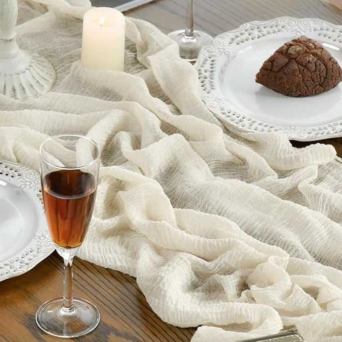 Artoid Mode Boho Cheesecloth Gauze Beige Wedding Table Runner, 120 Inch Seasonal Fabric Kitchen Dining Holiday Table Decor for Home Party Indoor