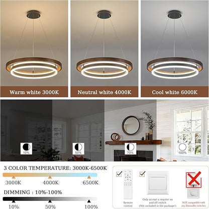 LED Ring Chandelier 24in Solid Walnut Wood Chandeliers Dimmable Black Chandeliers Modern Round Chandelier Light for Living Room Dining Room Kitchen Island Bedroom Entry