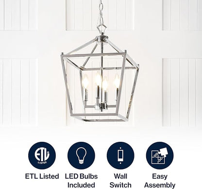 JONATHAN Y 12" Chrome Lantern Pendant Light, 1-Light Pagoda Style Metal Cage Farmhouse Hanging Ceiling Fixture for Kitchen Island, LED Bulb Included (JYL7436C)