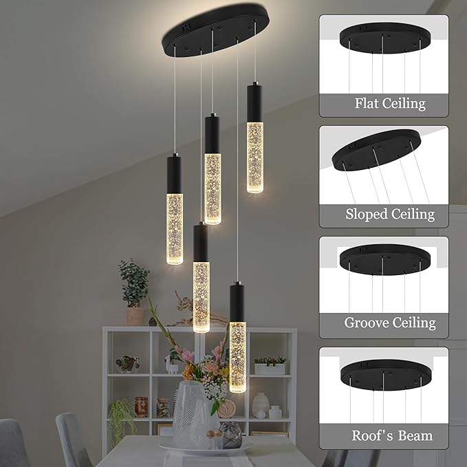 Modern Crystal Chandelier for Kitchen Island 5-Lights, Elegant Black LED Bubble Pendant Lighting Fixture for Dining Room Bedroom Entryway