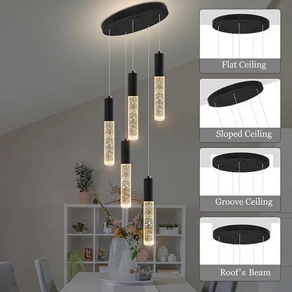 Modern Crystal Chandelier for Kitchen Island 5-Lights, Elegant Black LED Bubble Pendant Lighting Fixture for Dining Room Bedroom Entryway