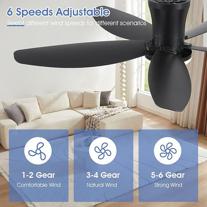Surtime 42" Ceiling Fans with Lights-Low Profile Ceiling Fan with Light and Remote Control,Flush Mount,DC Reversible,LED Dimmable Blakc Ceiling Fans for Bedroom,Indoor/Outdoor Patio Use