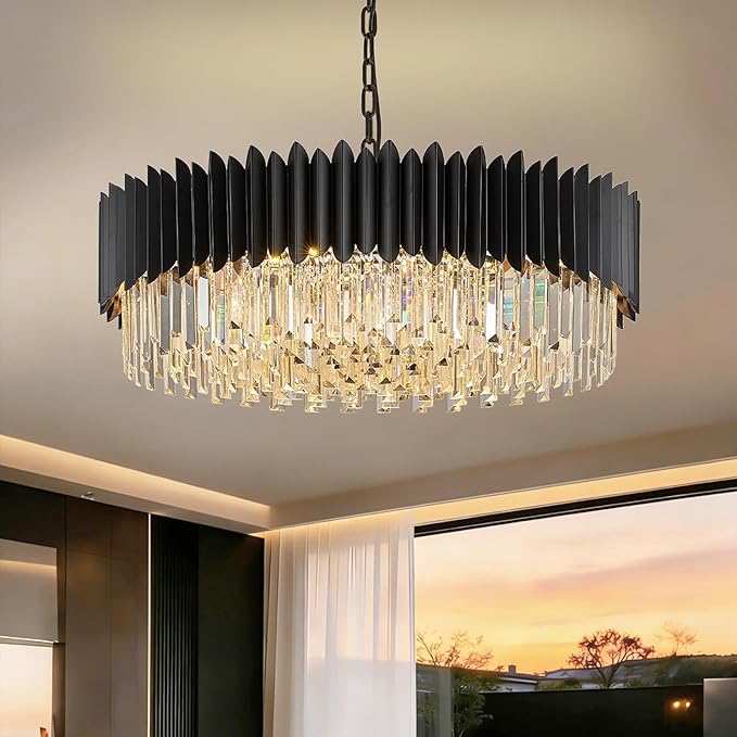 Black Crystal Chandelier 30'' K9 Crystal Round Pendant Lights Adjustable 6-Tier Large Modern Crystal Chandelier Light 12-Lights for Dining Room Living Room Kitchen Foyer Entryway