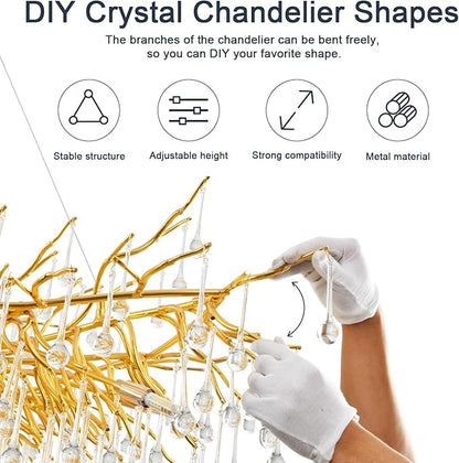 Crystal Chandelier for Dining Room - Modern Farmhouse Crystal Gold Chandelier, Raindrop Tree Branch Chandeliers for Living Room, Bedroom, Entryway, Foyer, High Ceiling (Bulb not Included)