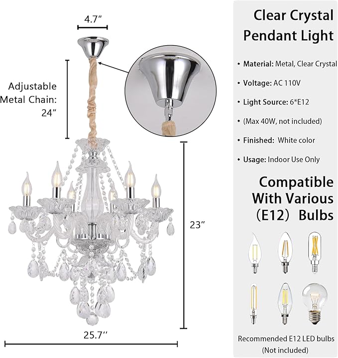 Modern Clear Crystal Chandelier 6-Light for Dinning Room K9 Crystal Ceiling Chandelier Lighting Fixtures for Living Room Bedroom Kitchen Easy Install (Clear 6 Lights)
