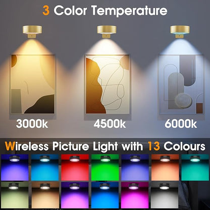 RGB Picture Light Battery Operated Painting Lights for Wall Wireless Magnetic Display Art Light with Remote Controls,Dimmable&Timer for Art Frame Artworking,6Pack Gold