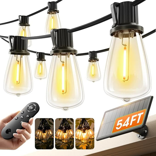 KYY 54FT Solar String Lights Outdoor Waterproof with USB Charging & Remote, Dimmable & Timable, Solar Powered Patio Lights with LED Shatterproof Bulbs for Deck Backyard Porch Garden Camping