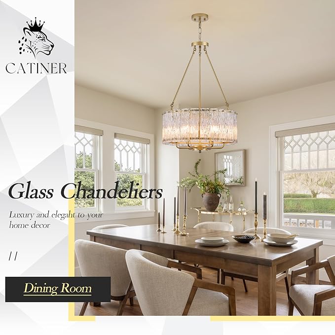 CATINER 20" Crystal Glass Chandelier Modern 6-Light Gold Drum Chandeliers Luxury Ceiling Pendant Lighting for Entryway Foyer Dining Room Bedroom Kitchen