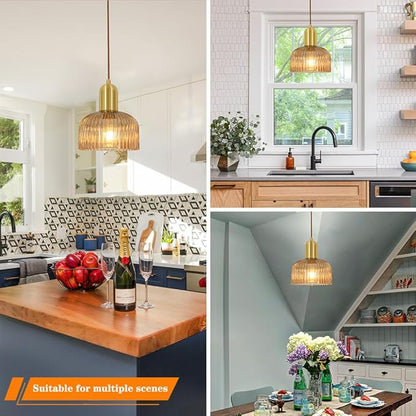 Vintage Pendant Light, Gold Pendant Lights Kitchen Island, Brass Ribbed Pendant Light with Amber Glass Shade, Mid Century Ceiling Lamp, Adjustable Hanging Light for Kitchen Island Dining Room Hallway