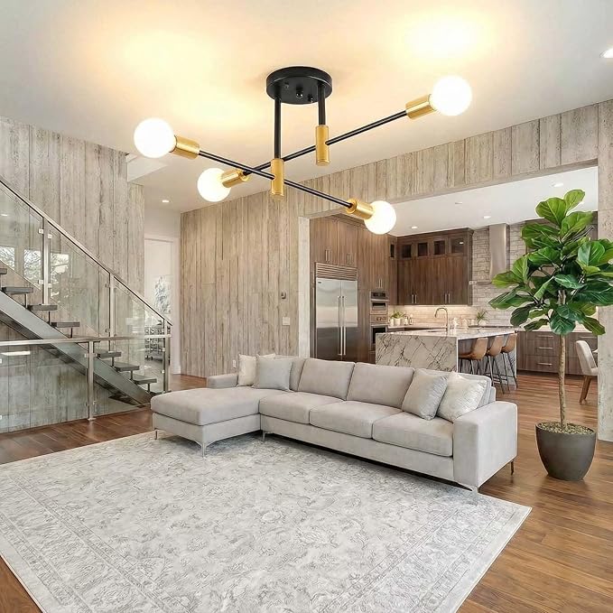 Modern Sputnik Chandelier 4-Light Adjustable Ceiling Light Fixture Black and Gold Semi Flush Mount Ceiling Lamp with E26 Base Industrial Ceiling Light for Dining Room Bedroom Living Room
