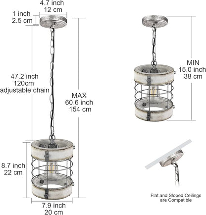 Retro Industrial Metal and Wood Chandelier 1-Light Round Cage Pendant Light Fixture for Kitchen Island Foyer Hallway Bar Dining Room Restaurant, D 7.9" x H 8.7" (White)