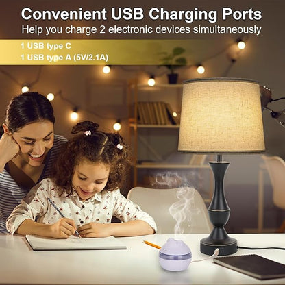 LALISU Touch Lamps for Bedrooms Set of 2, Farmhouse Table Lamp with USB C Charging Port, 3 Way Dimmable Nightstand Lamps with Linen Fabric Lampshade for Bedroom, Living Room (Pack2-Black)