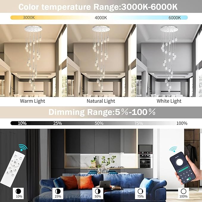 24 Light Modern Glam Crystal Chandelier for High Ceiling LED Dimmable Ceiling Pendant Light Staircase Foyer Enterway Living Room Chandelier Lighting Antique Silver