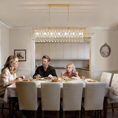 Siljoy Modern Crystal Chandelier, 7 Lights Rectangular Gold K9 Crystal Raindrop Chandelier, Luxury Rectangle Chandelier Light Fixture for Dining Room Living Room Kitchen Island L47'' x W11'' x H12''