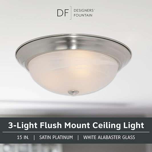 Designers Fountain 15 in Modern 3-Light Flush Mount Ceiling Light, Satin Platinum with Alabaster Glass Shade, 1257L-SP-AL