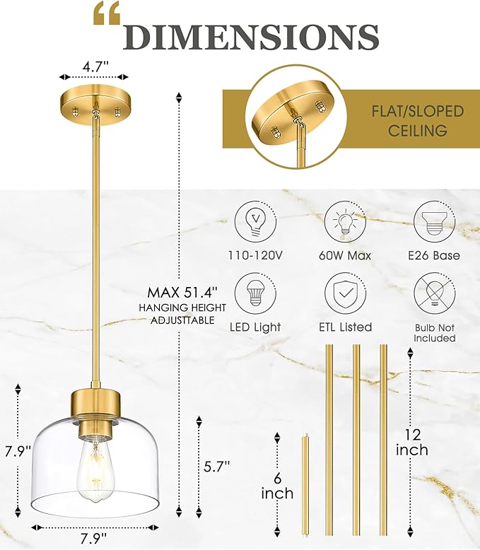 Gold Pendant Lights Kitchen Island, 8" Hanging Light Fixtures with Clear Glass Shade, Modern Brass Kitchen Pendant Lighting Over Island for Dining Room, AD-24024-1PL-GD
