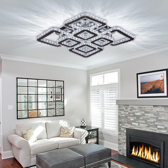 FRIXCHUR 20 Inch Dimmable Crystal Chandelier Flush Mount Ceiling Light 8-Light Square LED with Remote 72W 6120LM Modern K9 Crystal Chandelier for Living Room Bedroom Dining Room