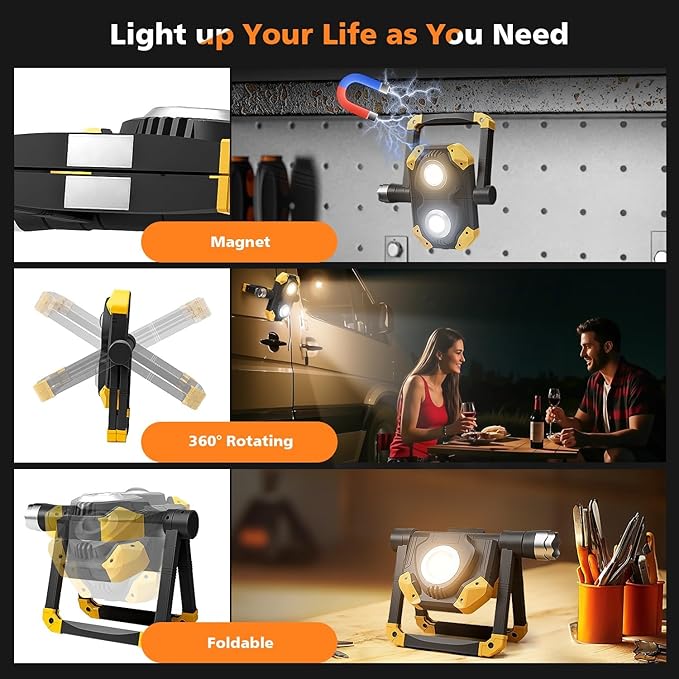 2 Pack 2500LM Magnetic Rechargeable Work Light, LED Work Light Rechargeable with 360° Rotation Stand & Foldable Design, 5 Lighting Modes Magnetic Flashlight for Car Repairing Camping Emergency