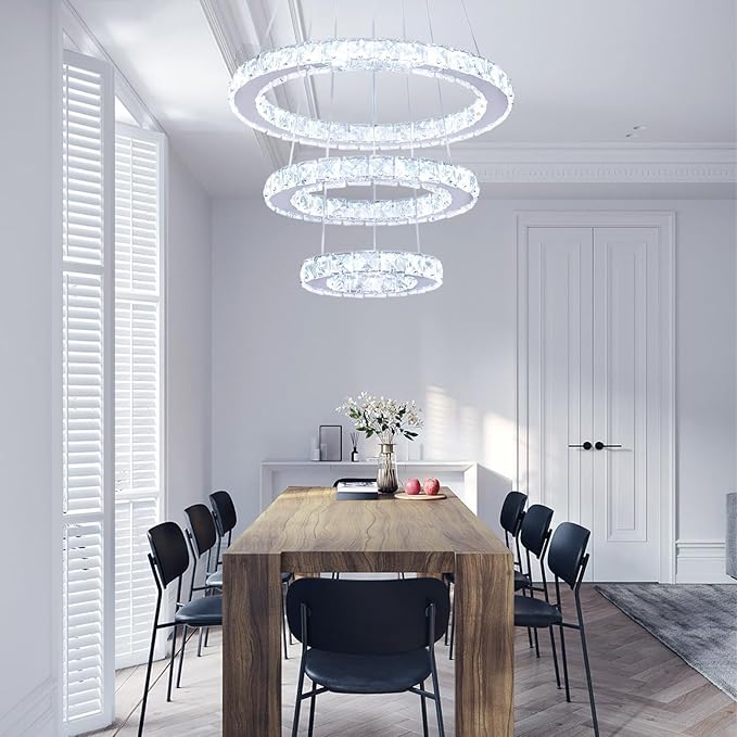 Modern 3 Ring Round Crystal Chandelier Adjustable Stainless Steel Pendant Lighting LED Crystal Ceiling Light Fixture for Living Room Dining Room Bedroom Cool White