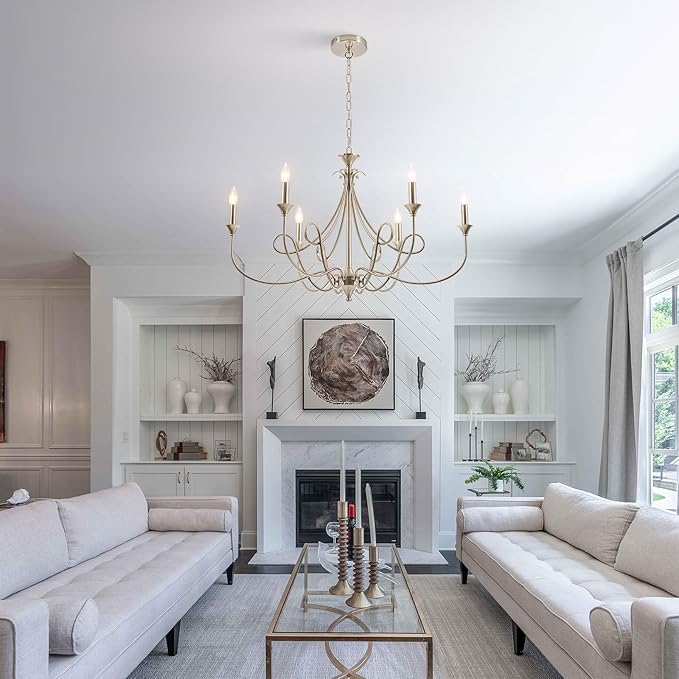 Modern Brushed Nickel Chandelier, 6-Lights Candle Dining Room Light Fixture 36.6in Farmhouse Chandeliers Metal Pendant Lights for Living Room Bedroom Entryway Kitchen Island