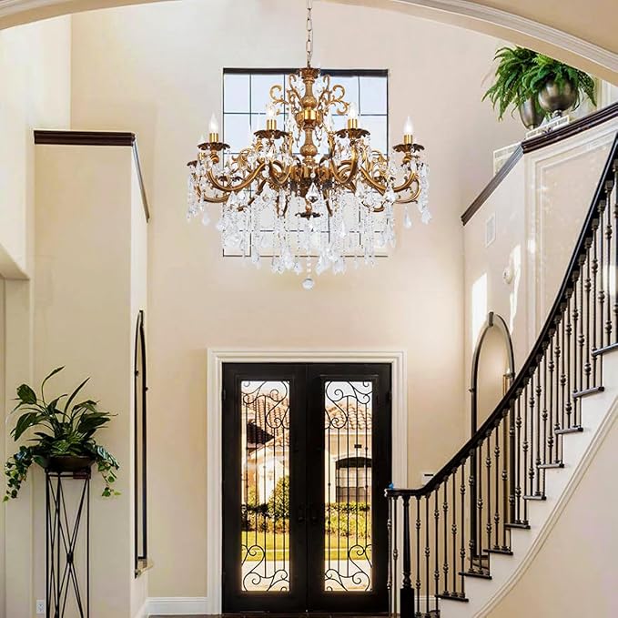 Antique Gold Crystal Chandelier Large, 36.4" Vintage Bronze Chandeliers Lighting for High Ceiling Foyer Entry Way 10-Light Candle Hanging Light Fixture Living Room Hall