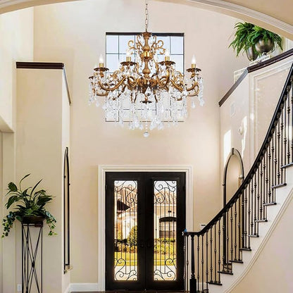 Antique Gold Crystal Chandelier Large, 36.4" Vintage Bronze Chandeliers Lighting for High Ceiling Foyer Entry Way 10-Light Candle Hanging Light Fixture Living Room Hall
