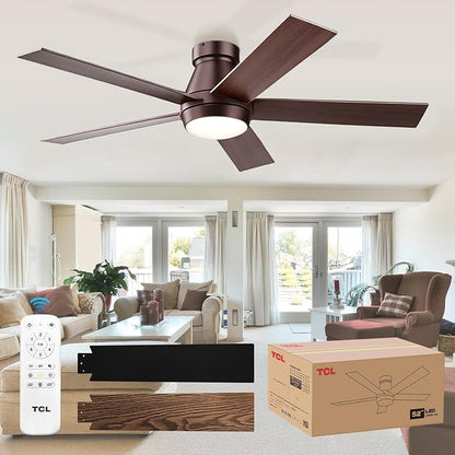 TCL Ceiling Fan with Light: Oil Rubbed Bronze Finish 5 Wood Grain Blade Low Profile Remote Control Flush Mount DC Reversible 3CCT Dimmable Noiseless Fan with Light for Indoor and Room