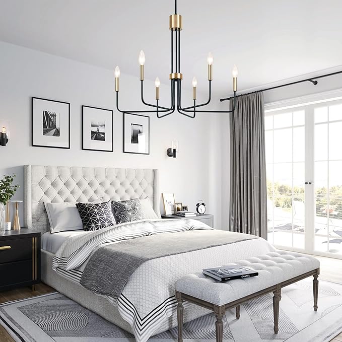 Modern Black and Gold Chandelier,6-Light Farmhouse Chandelier for Dining Room Light Fixtures Ceiling Hanging Industrial Chandelier Light Fixture for Kitchen Living Room Bedroom Entryway