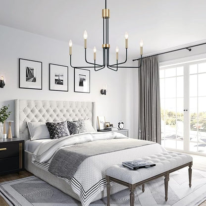 Modern Black and Gold Chandelier,6-Light Farmhouse Chandelier for Dining Room Light Fixtures Ceiling Hanging Industrial Chandelier Light Fixture for Kitchen Living Room Bedroom Entryway