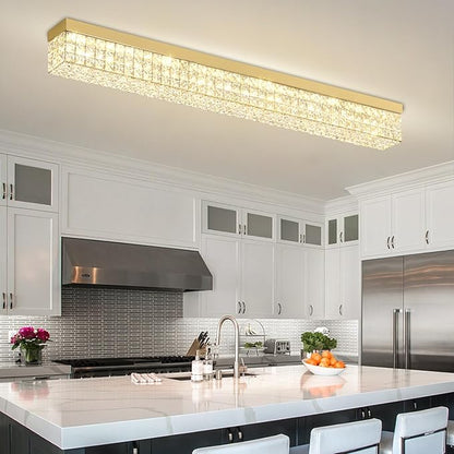 ykolupty L48 Rectangular Chandelier Flush Mount Rectangle Chandelier Modern K9 Crystal Chandeliers Light Fixture for Dining Room Bedroom Bar Gold Crystal Ceiling Lights