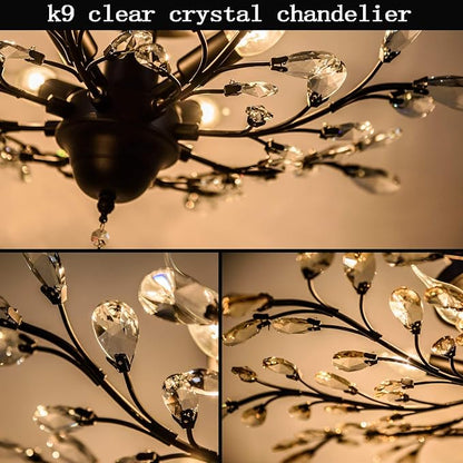 Garwarm 4 Lights Vintage Crystal Chandeliers Ceiling Lights Crystal Pendant Lighting Ceiling Light Fixtures Chandeliers Lighting for Living Room Bedroom Restaurant Porch Chandelier(Black)