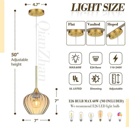 7 Inch Amber Glass Pendant Lights Kitchen Island, Modern Adjustable Pendant Light Fixtures Vintage Gold Ceiling Hanging Lamp for Dining Room Bathroom Bedroom
