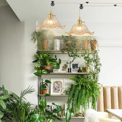 Plug in Pendant Light Vintage, Adjustable Pulley Hanging Lamp with Amber Lily Glass Shade, Brass Hanging Lights with Plug in Cord for Bedroom Kitchen, Compatible with Indoor Plant Grow Light Bulbs