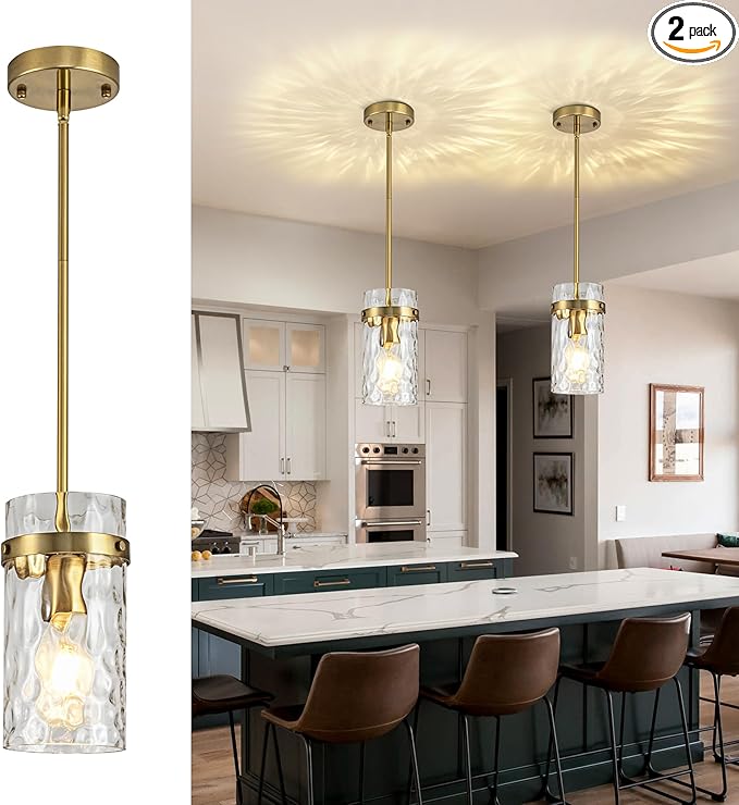 2 Pack Brushed Gold Pendant Lights Kitchen Island, Hammered Glass Pendant Lighting Over Island, Kitchen Hanging Light Fixtures Pendant Light Over Sink for Kitchen Entryway Foyer Dining Room
