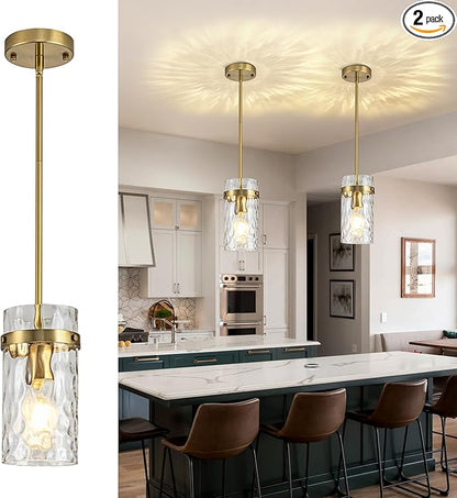 2 Pack Brushed Gold Pendant Lights Kitchen Island, Hammered Glass Pendant Lighting Over Island, Kitchen Hanging Light Fixtures Pendant Light Over Sink for Kitchen Entryway Foyer Dining Room