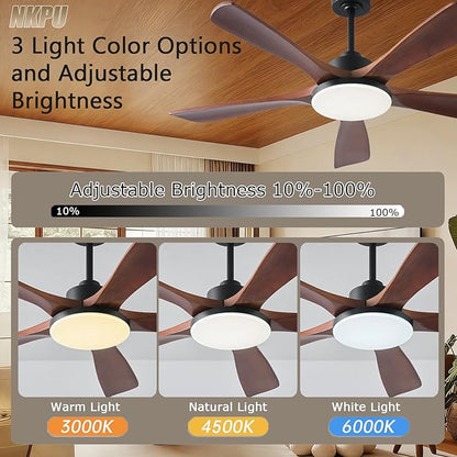 NKPU Ceiling Fans with Lights and Remote Control, 5 Solid Wood Blades, 3CCT Dimmable, Quiet DC Motor, 56 Inch Modern Outdoor Ceiling Fans for Bedroom Farmhouse Patios