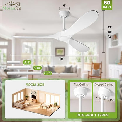 60 Inch Ceiling Fans with Lights and Remote, Wood Outdoor Ceiling Fan with 6 Speed Noiseless DC Motor, Indoor Modern 3 Blade Propeller Ceiling Fan for Bedroom Living Room Gazebo Patio (White)