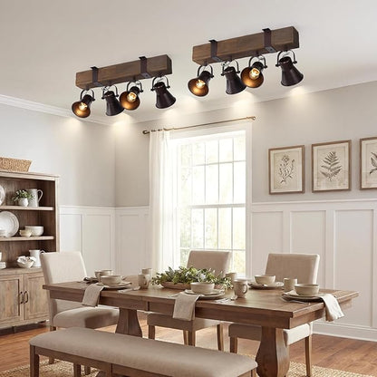 4 Light Semi Flush Mount Ceiling Light, Farmhouse Wooden Track Lighting Fixtures Ceiling, Rustic Kitchen Lights Ceiling for Island Dining Room Living Room.