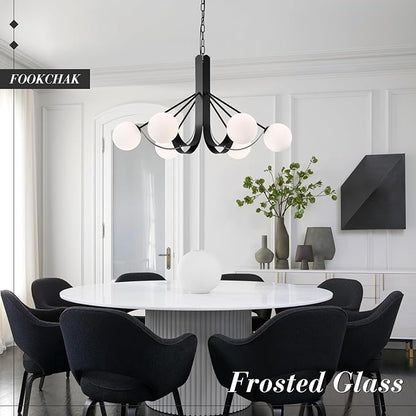 Modern Living Room Chandelier with Chain 33in Frosted Glass Kitchen Chandeliers Sputnik Black Dining Table Light Fixture 6 Light Mid-Century Chandeliers Light for Bedroom Entry Foyer