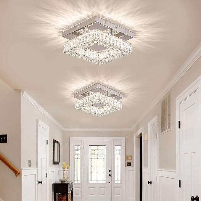 9.8" Modern Crystal Ceiling Light Fixture Mini Square Chandelier Flush Mount Light Fixture Ceiling Lamp for Small Hallway Foyer Entryway Bedroom, 3 Colors Adjustable