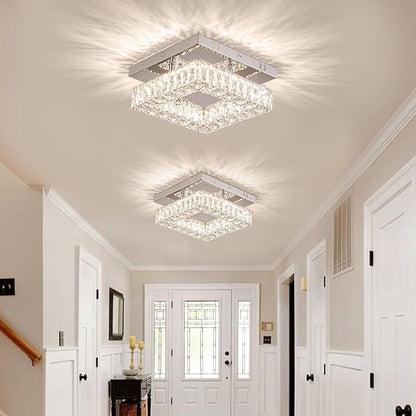 9.8" Modern Crystal Ceiling Light Fixture Mini Square Chandelier Flush Mount Light Fixture Ceiling Lamp for Small Hallway Foyer Entryway Bedroom, 3 Colors Adjustable
