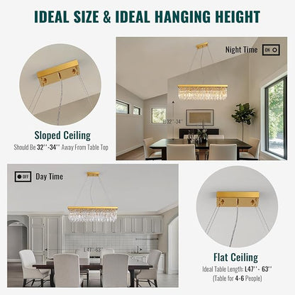 Siljoy 6-Light Modern Crystal Chandelier Rectangular Gold K9 Crystal Raindrop Chandelier for Dining Room, Luxury Adjustable Ceiling Pendant Light for Living Room Kitchen Island L31.5'' x W10'' x H10''