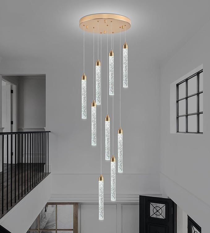 Crystal Staircase Chandelier, Modern Gold Spiral Dimmable LED Cluster Raindrop Foyer Chandelier Lighting, Bubble Living Room Hanging Light Fixture 9 Light Remote Control