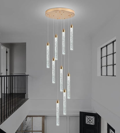 Crystal Staircase Chandelier, Modern Gold Spiral Dimmable LED Cluster Raindrop Foyer Chandelier Lighting, Bubble Living Room Hanging Light Fixture 9 Light Remote Control