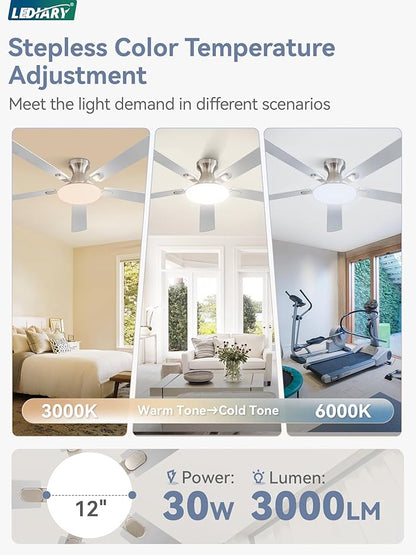 52 Inch Ceiling Fan with Lights and Remote, 30W 12" LED Panel Flush Mount Ceiling Fan, 6-Speed Quiet DC Motor Modern Low Profile Ceiling Fan with Reversible Blades for Bedroom, Living Room, Patio