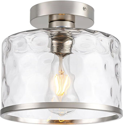 Zlepmlla Modern Semi Flush Mount Ceiling Light with Industrial Clear Hammered Glass Lampshade, Farmhouse Ceiling Lights fixtures in Satin Nickel for Hallway Kitchen Bathroom Bedroom