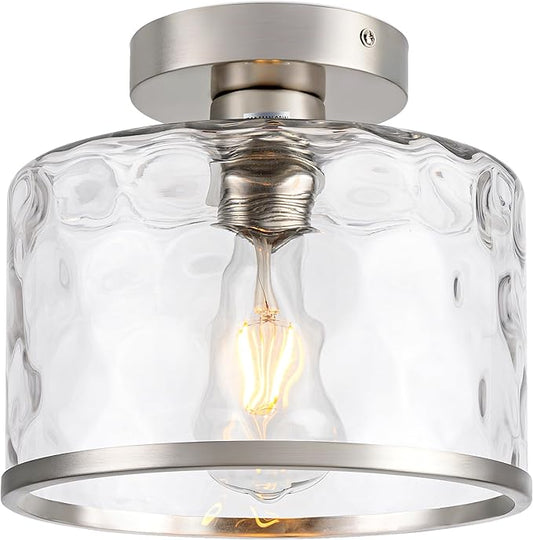 Zlepmlla Modern Semi Flush Mount Ceiling Light with Industrial Clear Hammered Glass Lampshade, Farmhouse Ceiling Lights fixtures in Satin Nickel for Hallway Kitchen Bathroom Bedroom