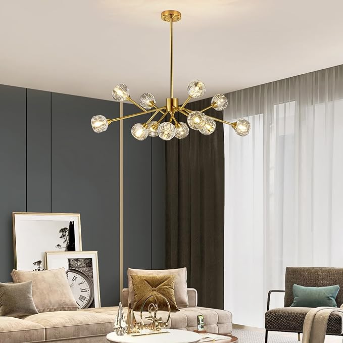 Weesalife Sputnik Chandeliers Modern Crystal Pendant Lighting Gold Chandelier 12 Lights Mid Century Ceiling Light Fixtures for Dining Room Kitchen Island Living Room Bedroom Bar
